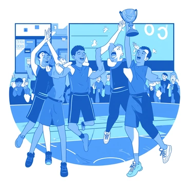 A group of five players wearing matching blue uniforms is standing on a basketball court with arms raised in triumph. Each player has a wide smile on their face, showcasing their excitement and joy. One player is holding a trophy above their head with both hands, while another is jumping slightly off the ground. The court has a polished wooden surface with bright white markings, and there are spectators in the background cheering and clapping in celebration. A large scoreboard in the background indicates the recent victory.
