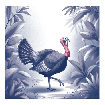 A turkey walking through a dense jungle filled with various exotic plants. The turkey has a plump body and colorful feathers, displaying its unique features. Surrounding the turkey are large, broad leaves and vibrant foliage, creating a rich texture in the environment. The ground is layered with fallen leaves and small vines. Sunlight filters through the canopy above, casting intricate shadows on the jungle floor. The scene conveys a sense of exploration and curiosity as the turkey navigates its lush surroundings.