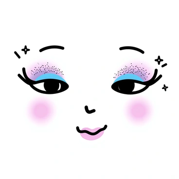 A face featuring a whimsical fairy makeup look. The makeup includes bright, pastel colors with shades of pink, blue, and lavender accentuating the eyes. Sparkling glitter covers the eyelids, enhancing the whimsical theme. Delicate, pointed eyebrows add to the fairy-like appearance. The cheeks are highlighted with a shimmering blush, and the lips are painted in a soft pink gloss. A few small, decorative stars are placed near the eyes, adding an enchanting detail.