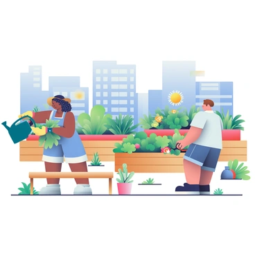 A rooftop garden is flourishing in an urban setting, surrounded by tall buildings. Various plants, including green leafy vegetables and colorful flowers, are arranged in raised wooden planters. Two people are tending to the garden; one is a woman with curly dark hair wearing a sun hat and gloves, watering the plants with a teal watering can. The other is a man with short, light brown hair, pruning a flowering plant with garden shears while wearing a light blue shirt and denim shorts. A few potted herbs are scattered around, and a wooden bench is positioned in the corner of the garden, providing a space for relaxation amidst the greenery. The skyline of the city is visible in the background, with a clear blue sky overhead.