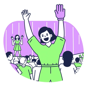 A proud parent is standing in a crowded auditorium, cheering enthusiastically for their child. The parent is wearing a green shirt and holds a purple foam finger raised high in the air. Their face shows excitement and joy, with a broad smile and sparkling eyes. In the background, other audience members are seated, some clapping and others capturing the moment with cameras. On stage, a child is performing confidently, wearing a colorful outfit, with bright stage lights highlighting their presence.