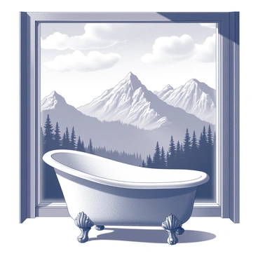 A vintage bathtub positioned near a large window. The bathtub is white with elegant curved edges, and it has ornate feet. The window offers a panoramic view of a mountain landscape filled with towering peaks and dense forests. The mountains have a distinct rugged texture, and the sky above is vast with fluffy clouds scattered throughout. Sunlight streams through the window, casting soft shadows on the floor. The interior space is minimalistic, with polished wooden accents around the window frame, enhancing the natural atmosphere.