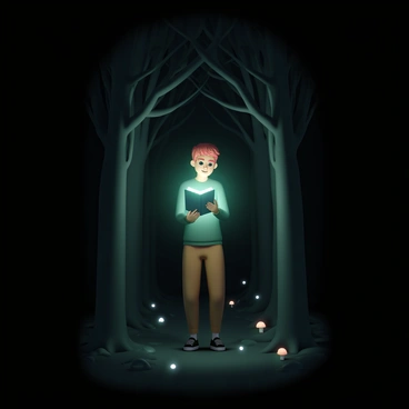 A young man with red hair, wearing a green sweater, brown trousers, and black shoes, is walking cautiously through a dark forest. The trees around him are tall and dense, their branches intertwining above, creating a shadowy canopy. In his hands, he holds a "glow-in-the-dark book" that emits a bright, greenish light, illuminating the narrow path ahead. His expression is one of curiosity and slight apprehension as he glances around, taking in the eerie surroundings, with faint shadows dancing on the ground. Small, glowing mushrooms are scattered along the forest floor, adding to the enchanting but mysterious atmosphere.