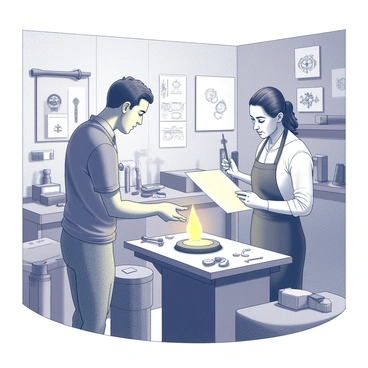 Two artisans are working together in a well-lit workshop filled with various tools and materials. One artisan, a man, is holding a pair of tongs, carefully manipulating a glowing piece of iron over a forge, while the other artisan, a woman, is sketching intricate designs on a piece of parchment. The workspace is cluttered with an array of metal pieces, hammers, and an anvil. The atmosphere reflects a focused and creative collaboration as they exchange ideas and techniques, designing and crafting unique iron jewelry pieces.