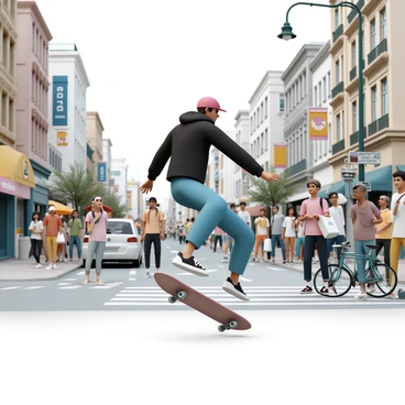 A skateboarder, wearing a black hoodie, blue jeans, and a red cap, is performing a trick on his skateboard in the middle of a bustling city street. The skateboarder is mid-air, with one foot on the board and the other leg extended out, showcasing an impressive maneuver. Around him, a diverse crowd of pedestrians, some carrying shopping bags, are watching with interest. Tall buildings line the street, with shop signs and colorful advertisements visible. A few cars are parked along the curb, while a bicycle is leaning against a nearby lamp post. The scene captures the vibrant energy of urban life as the skateboarder stands out in the dynamic environment.