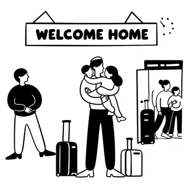 A military family standing in an airport terminal, embracing each other in a warm hug. The scene is filled with emotion as a soldier in uniform holds a child tightly, while another family member wraps their arms around them. “Welcome Home” is written in large letters above them on a banner. Several suitcases are placed nearby, and other travelers in the background are seen watching the reunion. A clock on the wall indicates the time, adding to the sense of anticipation.