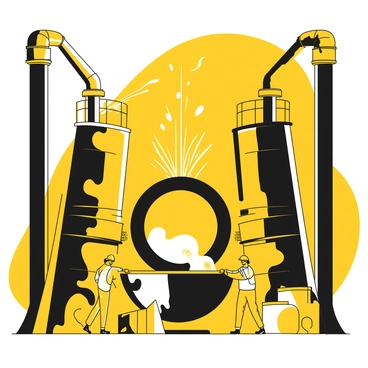 A large steelworks facility is depicted with towering furnaces and vast industrial machinery. Molten steel is being poured from a furnace, shown as a bright stream of yellow liquid flowing into a large mold. Workers wearing protective gear, including helmets and gloves, are managing the pouring process. Sparks are flying in the background as the intense heat causes various materials around the facility to glow. Dark structures and pipes create a robust frame around the scene, emphasizing the scale and intensity of the steelworks operation.