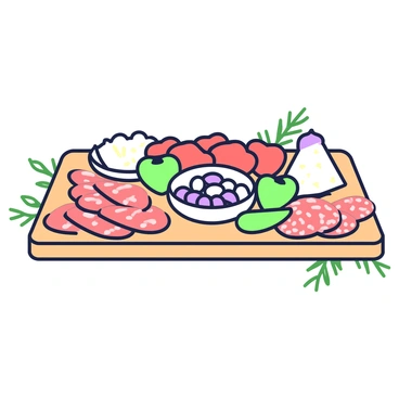 A charcuterie board is displayed on a wooden surface, showcasing a variety of spicy meats including salami and chorizo, presented in neat slices. Next to the meats, there are several wedges of cheese, including a sharp cheddar and a creamy brie, cut into inviting pieces. Bright red and green peppers are arranged in clusters, adding visual interest and texture. In the center of the board, there are small bowls holding olives and nuts, providing additional color and variety. A few sprigs of fresh herbs are scattered around the edges for decoration.