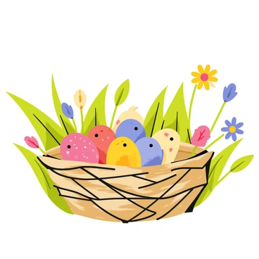 A small nest made of twigs and grass sits in the middle of a vibrant spring garden. Inside the nest, several bird eggs with speckled shells are beginning to crack open. Bright green leaves surround the nest, while colorful flowers in shades of pink, yellow, and blue bloom nearby, adding to the lively atmosphere. A few small birds can be seen peeking out from the eggs, their heads just starting to emerge, and gentle sunlight filters through the leaves, illuminating the scene.