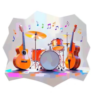 A lively scene depicting a collection of film reels that have been creatively transformed into various musical instruments. There are film reel guitars, a film reel drum set, and a film reel trumpet, all intricately detailed. Surrounding these instruments, colorful musical notes are floating in the air, vibrant and varied in size and shape, creating a sense of movement. The background is filled with subtle hints of a stage setting, enhancing the musical atmosphere of the image.