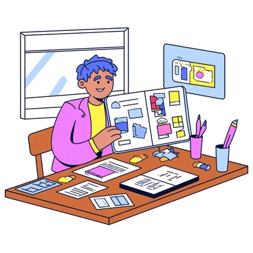 An artist is sitting at a wooden table, surrounded by various images and color swatches. The table is cluttered with papers featuring different designs, textures, and palettes. The artist is holding a large sketchbook open, filled with notes and ideas. Bright paint tubes and brushes are scattered around, showcasing the tools of their trade. The artist has a focused expression while choosing between vibrant colors, carefully arranging the images to create an inspiring mood board. The background features a large window letting in natural light, highlighting the creative workspace.