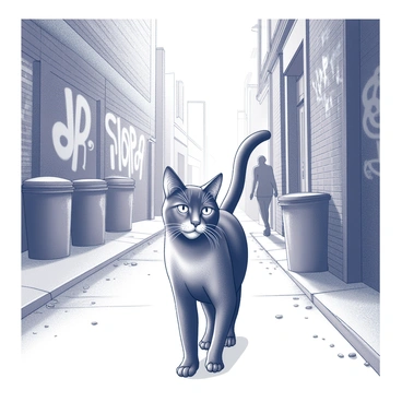 A street cat walking down a busy city alleyway. The cat has sleek fur and a poised demeanor, displaying confidence in its stride. Surrounding the cat, there are brick walls covered in graffiti, adding character to the scene. Trash cans and scattered litter line the sides of the alley, hinting at the urban environment. People can be seen in the background, with blurred figures moving about, creating a sense of movement and activity in the alley.