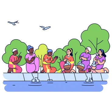 A group of people gathered along the bank of a river. They are dressed in traditional garments, engaged in a variety of rituals. Some individuals are kneeling with their hands raised in prayer, while others are pouring water from small clay pots into the river. In the background, lush greenery frames the scene, and the water reflects the sunlight. The atmosphere is peaceful, with gentle ripples on the river surface and birds flying in the clear sky.