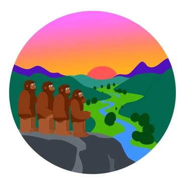 A group of Neanderthals stands on a rocky outcrop, gazing in awe at a colorful sunrise. The sky is filled with vibrant hues of orange, pink, and purple as the sun begins to rise above the distant valley. The Neanderthals have rugged features and are adorned in animal hide clothing. Their expressions reflect wonder and admiration as they take in the beauty of the scene. The lush valley below is dotted with green trees and winding streams that shimmer in the early morning light.