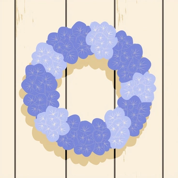 A decorative wreath made of dried hydrangea flowers hanging on a wooden door.