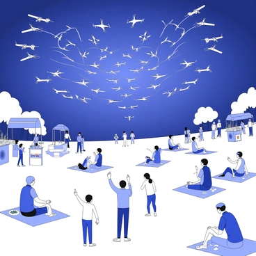 A festival is taking place in a park filled with people gathered on the grass. They are sitting on picnic blankets and standing in groups, looking up at the sky. Above them, a large drone light show is unfolding, with numerous drones forming various shapes and patterns in the air. The sky is illuminated with intricate designs, creating a visual spectacle. Some children are pointing excitedly at the display, while adults are capturing the moment with their smartphones. In the background, there are food stalls and colorful banners, adding to the festive atmosphere.