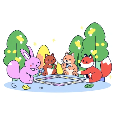 A group of cute animals is gathered around a Monopoly game board. A fluffy bunny with long ears is holding a small stack of colorful money, while a playful squirrel is rolling dice with its tiny paws. Next to them, a cheerful fox is placing a game piece on the board. The background features tall, green trees with dappled sunlight filtering through the leaves, creating a cozy atmosphere. The ground is covered in soft grass and scattered fallen leaves, adding natural elements to the scene.