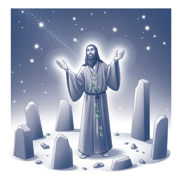 A druid standing in a clearing surrounded by tall ancient stones arranged in a circle. The druid is dressed in flowing robes adorned with natural elements, such as leaves and vines. The arms of the druid are raised as they chant and gesture, calling upon nature spirits. Small ethereal figures of various shapes and sizes begin to materialize around the druid, suggesting a connection to the natural world. The night sky is filled with thousands of stars, providing a shimmering backdrop to the scene. The atmosphere is serene, with a sense of deep connection between the druid and the surrounding environment.