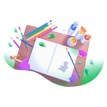 A flatlay view of a wooden table covered with various artistic tools. There are colored pencils neatly arranged in a rainbow spectrum, alongside tubes of vibrant paint in red, blue, yellow, and green. Paintbrushes of different sizes, some with colorful bristles, are scattered creatively around the pencils and paints. A sketchbook lies open, displaying a partially completed drawing, while a few paint splatters add an artistic touch to the composition.