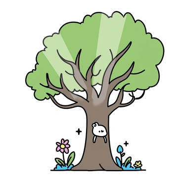 A massive tree with a thick trunk and sprawling branches stands in the center of a vibrant forest. Its roots twist and turn, gently cradling a small fetus nestled among them. The tree's bark is textured and deep brown, while the leaves overhead are lush green, filtering sunlight into soft beams that illuminate the scene. Surrounding the tree, other plants and flowers add splashes of color to the forest floor, creating a magical and serene atmosphere.