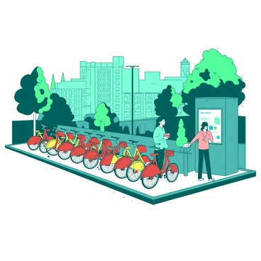 A bike rental station in Lyon with rows of colorful bicycles ready for use