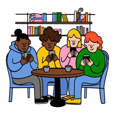 A group of four friends sitting at a small round table in a coffee shop. Each friend is focused on their smartphone, showing varying expressions of concentration and amusement. The first friend has short black hair and is wearing a blue hoodie, the second friend has curly brown hair and is dressed in a yellow sweater, the third friend has straight blonde hair and is in a pink shirt, and the fourth friend has wavy red hair and is wearing a green t-shirt. The coffee shop has a cozy atmosphere, with warm lighting and shelves filled with books in the background. A couple of coffee cups sit on the table, adding to the scene.