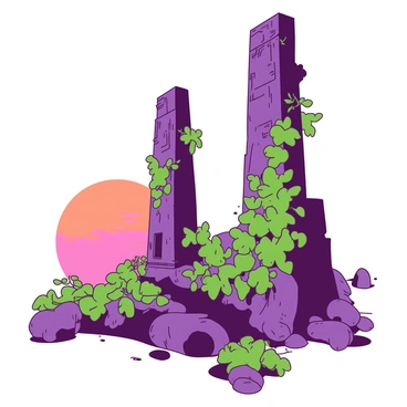 A pair of ancient ruins stands tall, partially obscured by thick green vines that cascade down its weathered stone walls. The architecture reflects a long-lost civilization, with intricate carvings visible among the foliage. The towering structure is bathed in the warm glow of a setting sun, which casts an orange light across the scene, highlighting the textures of the stone and the vibrant green of the vines. In the background, the sun dips below the horizon, creating a gradient of pink and orange hues in the sky, while shadows stretch out from the ruins onto the ground.