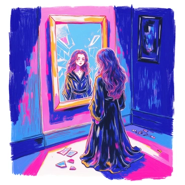 Bellatrix Lestrange stands in a dimly lit room, her long, dark hair cascading around her shoulders. She is dressed in a tattered black robe that flows to the floor. Her expression is one of intense curiosity mixed with madness as she gazes into a shattered mirror. The shards reflect her distorted image, creating a chaotic mosaic of her features. The surrounding walls are dark and worn, adding to the overall atmosphere. On the floor, remnants of broken glass scatter, glinting in the faint light.