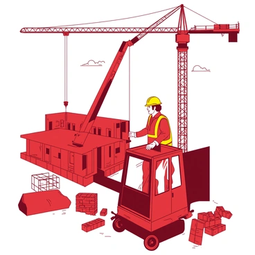 A red construction worker wearing a bright yellow hard hat is standing in the operator cabin of a large crane. The crane is lifting a heavy steel beam high above a partially constructed building in the background. The worker is focused, with one hand on the controls while the other rests on the window ledge. Scattered construction materials, such as piles of bricks and scaffolding, are visible on the ground below. The sky is clear, providing a bright backdrop to the busy building site.