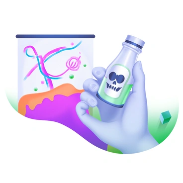 A hand gripping a small glass vial featuring a distinct "skull" symbol printed on its surface. The vial is positioned prominently in the foreground. In the background, a transparent overlay illustrates the effects of poison, displaying red and blue swirls representing the bloodstream. These swirls are animated to suggest movement and circulation, creating a contrast with the static hand and vial. The overall composition highlights the tension between the hand, the vial, and the visual representation of the poison's impact on the body.