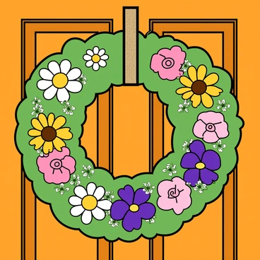 A handmade flower wreath composed of a variety of colorful blooms including bright daisies, soft pink roses, and vibrant purple pansies. The wreath is circular and is constructed from green foliage providing a natural base. It is adorned with delicate white baby's breath interspersed among the larger flowers. The wreath hangs on a wooden door painted in a warm, inviting shade. A small burlap ribbon is tied at the top of the wreath, allowing it to be securely fastened to the door. The door features a rustic texture that complements the vibrant colors of the flowers.