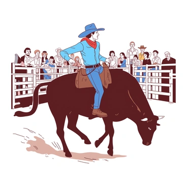 A cowboy wearing a blue cowboy hat and a red bandana is gripping tightly onto the reins of a large brown bull during a thrilling rodeo event. The bull is bucking with its powerful legs in mid-air, showcasing its strength and energy. Around them, a crowd of spectators can be seen in the background, some cheering while others hold their breath in anticipation. Dust is being kicked up from the arena floor, adding to the excitement of the scene. The cowboy's denim jeans and leather boots contrast against the bull's dark hide.