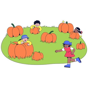 A field filled with giant pumpkins of various sizes and shades of orange. The pumpkins are scattered across the green grass, some with their vines still attached. In the midst of the pumpkins, several children are playing hide and seek. One child with a yellow shirt is peeking out from behind a large pumpkin, while another child in a blue hat is crouched behind a smaller pumpkin. A third child, wearing a red dress, is running toward a different pumpkin, laughing. The scene captures the joy of play in an autumn setting.