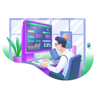 An economist with glasses is intensely observing stock prices displayed on a large electronic bulletin board. The bulletin board features various charts and numbers in bright colors, indicating real-time stock fluctuations. The economist is seated at a desk cluttered with financial reports and a laptop open beside him. The room has large windows allowing natural light to illuminate the scene, and a potted plant is placed in the corner, adding a touch of greenery.