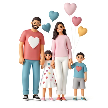 A family of four stands together in a bright, cheerful setting. The father is wearing a red t-shirt with a large white heart printed on the front, paired with blue jeans and black sneakers. The mother is wearing a pink blouse adorned with various colorful hearts and white pants. A young girl is wearing a white dress with red heart patterns and matching red shoes. The young boy is dressed in a blue shirt featuring a big red heart, with gray shorts and blue sandals. They all smile warmly at the camera, holding hands with each other, while a decorative backdrop of heart-shaped balloons in various colors fills the background.