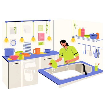 A busy kitchen filled with various cooking utensils and appliances. There are pots and pans stacked on the counters, and a large stainless steel sink filled with soapy water. A person is scrubbing a plate with a sponge, causing water droplets to splash. Nearby, a dish rack holds several clean dishes drying under bright ceiling lights. The walls are adorned with colorful kitchen posters and hanging herbs. The scene is lively, with the sound of clattering dishes filling the air.
