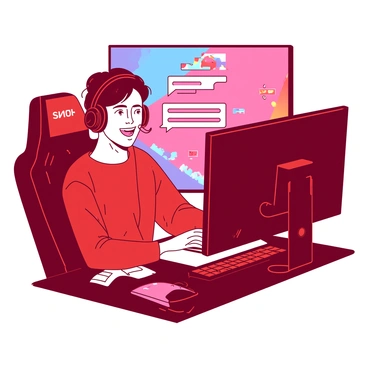 A red charismatic streamer is sitting in a modern gaming chair, focused on playing a new video game on a large monitor in front of them. The streamer has a headset on and is engaging enthusiastically with the audience, their expression animated and lively. Various gaming accessories, such as a mechanical keyboard and RGB mouse, are placed on the desk. In the background, colorful LED lights create an electrifying atmosphere, and chat comments are visible on the side of the screen, indicating interaction with the online audience.