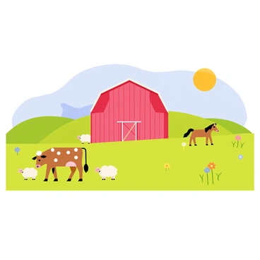 A picturesque farm featuring a bright red barn standing prominently against a clear blue sky. In front of the barn, a wide green field stretches out, dotted with various animals. A brown cow with white spots grazes leisurely, while a few fluffy white sheep and a playful brown pony roam nearby. Scattered across the field are patches of colorful wildflowers adding vibrancy to the scene. In the background, gentle rolling hills enhance the rural landscape. The sun casts a warm glow, illuminating the farm and its inhabitants.