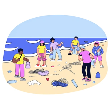 A group of volunteers is actively cleaning up a beach. The sandy shore is scattered with various pieces of fishing debris, including discarded nets, plastic bottles, and small metal hooks. The volunteers wear brightly colored shirts and are equipped with gloves and trash bags. Some of them are bending down to pick up litter while others are standing and collecting debris in bags. In the background, gentle waves lap against the shore under a clear blue sky.