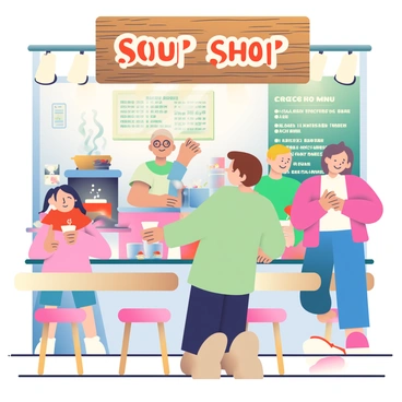 A quaint soup shop with a rustic wooden sign displaying the name of the establishment is bustling with activity. In the front, a friendly server with short brown hair is handing out free samples of steaming soup in tiny white cups. The soup appears rich and vibrant, with pieces of vegetables floating on the surface. A small pot simmering on a stove is visible in the background, with wisps of steam rising into the air. Patrons are gathered around, some smiling as they taste the soup, while others are engaged in conversation. A colorful chalkboard menu is displayed on the wall, listing the different types of soup available. The ambiance is warm and inviting, with wooden tables and chairs arranged neatly around the space.