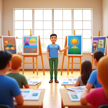 An MFA student stands confidently in an open studio, presenting their thesis project. The space is filled with a series of thematic illustrations displayed on easels and hanging on walls. Each illustration showcases vibrant colors and distinct themes. The student, wearing casual art attire, engages with an audience of fellow students and faculty, who observe the artwork with expressions of interest. The studio is well-lit, with natural light streaming in from large windows, creating a welcoming atmosphere. Various art supplies are scattered around, and sketches are visible on a nearby table, adding to the creative ambiance of the scene.