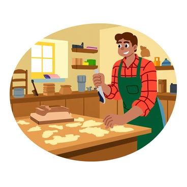 A carpenter with short brown hair wearing a plaid shirt is using a hook tool to shape a piece of wood. The workshop is rustic with wooden beams and shelves filled with various tools and wooden pieces. Sunlight streams through a small window, casting warm light across a wooden workbench covered in shavings. The carpenter's focused expression shows their dedication to the craft. A few finished wood items, including a small chair and a wooden bowl, are displayed on the bench nearby.