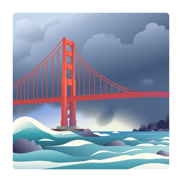 The Golden Gate Bridge is prominently displayed, its towering red-orange towers reaching into the dark, stormy skies. The clouds are dense and swirling, indicating an impending storm. Below the bridge, turbulent waves crash against the rocky coastline, splashing up white foam as the sea churns. The water is a deep blue-green, reflecting the ominous clouds above. In the background, hints of faint light peek through the dark clouds, suggesting the possibility of a break in the storm. The scene captures the strength and resilience of the bridge against the fierce natural elements.
