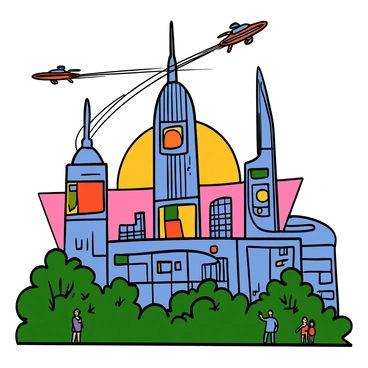 A futuristic cityscape with tall, gleaming spires reaching into the sky. The architecture features a mix of curved and angular designs, showcasing advanced technology. Several flying cars zip through the air, leaving trails of light behind them. The buildings are adorned with bright, holographic advertisements. The sky is a gradient of vibrant colors, suggesting a late afternoon setting. There are lush green parks integrated into the city, with people walking and enjoying the environment below.