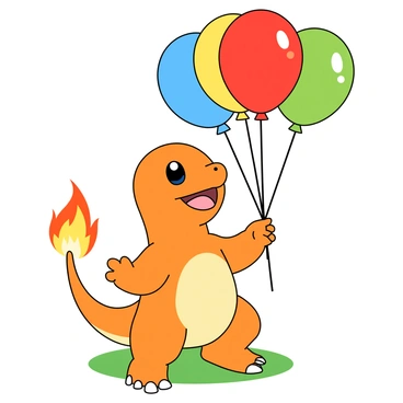 A cheerful Charmander with bright orange scales and large, expressive eyes. The Charmander is standing upright, with a wide smile on its face and its tail flickering with a small flame at the tip. It is holding a bunch of colorful helium balloons in its small hands, with the balloons in various shades of red, blue, yellow, and green. The balloons are floating upwards, creating a vibrant contrast against the Charmander. The background features a simple grassy field, adding to the playful scene.