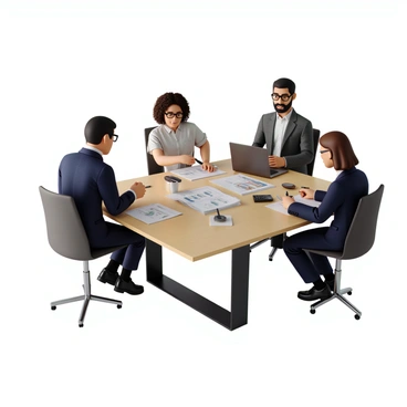 A team of accountants is gathered around a large conference table in a well-lit office. There are four individuals, two men and two women, each focused intently on various documents spread out before them. One accountant has short black hair and is wearing glasses, with a blue dress shirt and dark trousers. Another, a woman with curly brown hair, is in a white blouse and has a notepad in front of her, taking notes. The third accountant, a man with a beard, is reviewing a financial statement on his laptop, dressed in a gray suit. The last member of the team, a woman with long straight hair, is pointing at a detailed report with a pen, dressed in a navy blazer. The atmosphere is professional and concentrated, with papers, calculators, and coffee cups scattered on the table.
