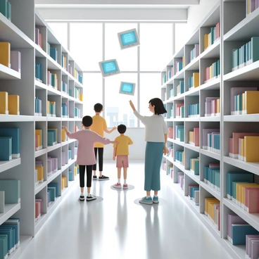 A large, modern library filled with rows of sleek, futuristic shelves. Instead of traditional books, there are numerous floating digital tablets, glowing with vibrant screens displaying text and images. The tablets hover in the air at varying heights, creating a dynamic and interactive atmosphere. The library is well-lit with soft, ambient lighting, allowing the colors of the screens to stand out. People of various ages are seen interacting with the tablets, reaching out to select different displays. In the background, large windows allow natural light to fill the space, creating an inviting setting.