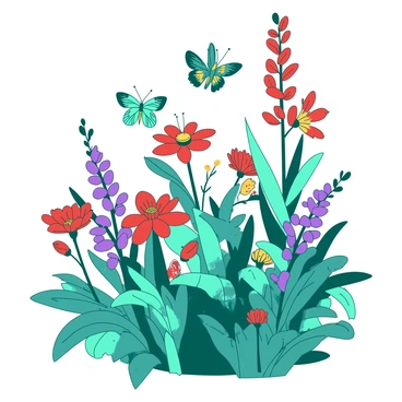 A teal garden is filled with a variety of flowers in full bloom, showcasing vibrant colors. Red, yellow, and purple flowers rise gracefully, swaying gently with the breeze. Among the flowers, several butterflies with intricate wing patterns are fluttering around, displaying shades of orange and blue as they dance from blossom to blossom. The scene is lively, with a sense of movement as the butterflies explore the floral landscape.