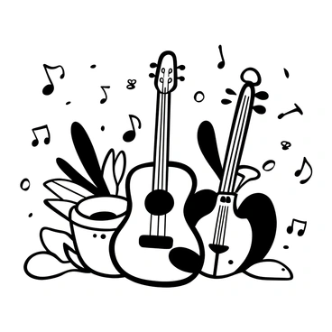 A variety of musical instruments including a guitar, a violin, and a trumpet are arranged in a playful manner. Floating musical notes surround the instruments, creating a sense of movement. The entire composition is rendered in black and white, showcasing intricate line work and patterns throughout the scene.