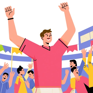 A man with short brown hair is wearing a bright red jersey and standing in a crowded stadium. His arms are raised high above his head, and he is enthusiastically cheering with a wide smile on his face. Around him, fans in team colors are clapping and waving flags. Colorful banners and a large scoreboard are visible in the background, indicating the excitement of the game. The atmosphere is vibrant, filled with energy and anticipation.